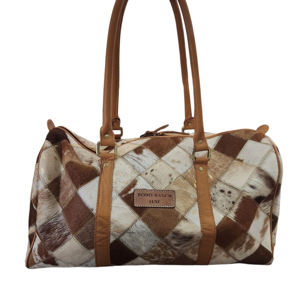 Boho Ranch Luxe Brown Patchwork Cowhide Weekender… - image 12